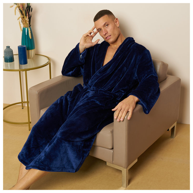 Gender Neutral Mid-Calf Bathrobe with Pockets, Navy