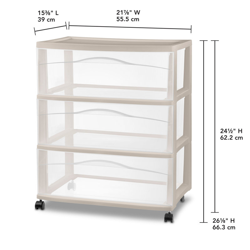 Sterilite Wide 3 Drawer Storage Cart, Plastic Rolling Organization, Grey, 3 Pack