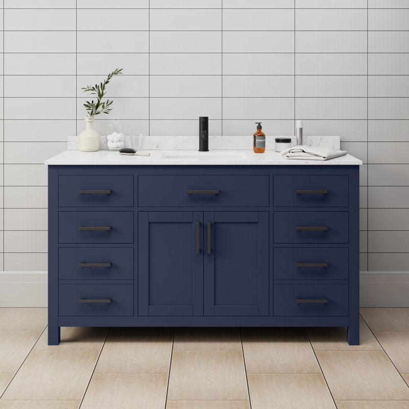Beckett 60" Single Bathroom Vanity Set, Carrara Cultured Marble, Matte Black, Dark Blue