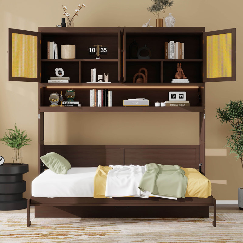 Lit escamotable simple avec armoire, lit pliant peu encombrant avec éclairage et port USB, Espresso