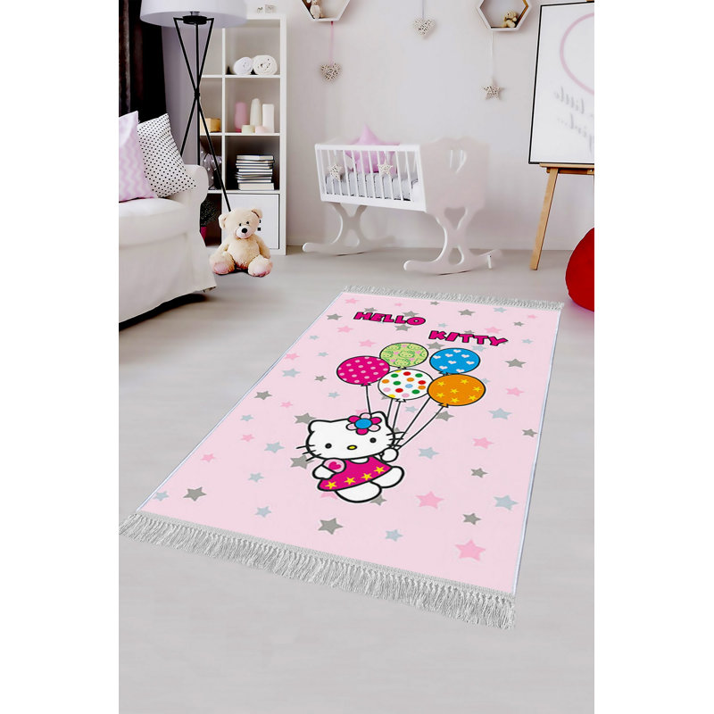Tapis rose / bleu / orange en velours tissé à plat Brunet, Rectangle 5 pi 11 po x 9 pi 2 po