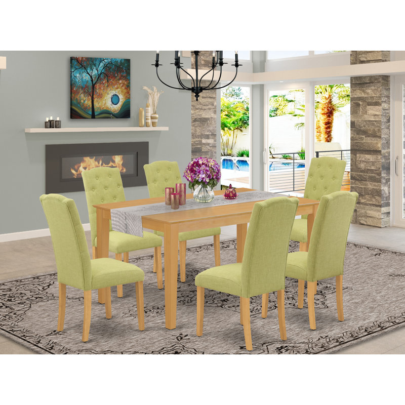 Ensemble de mobilier de salle à manger 7 pièces composé d'une table de salle à manger rectangulaire et de 6 chaises revêtues de tissu de lin Limelight, chêne