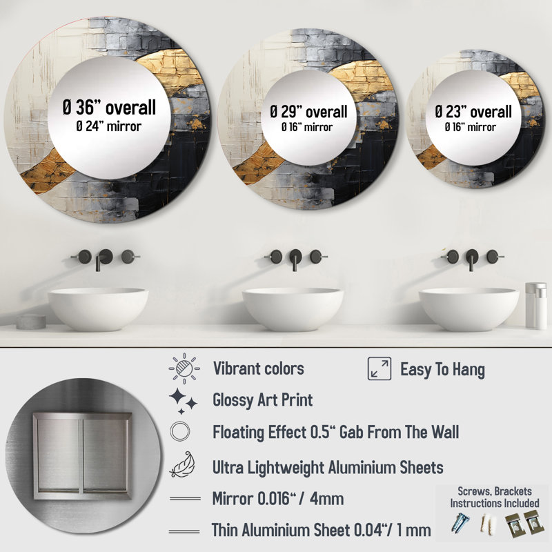 Gray Gold Minimalism Poteries - Abstract Spirals Unique Wall Mirror, Modern Round Mirror, Printed Metal Art, 29" x 29"