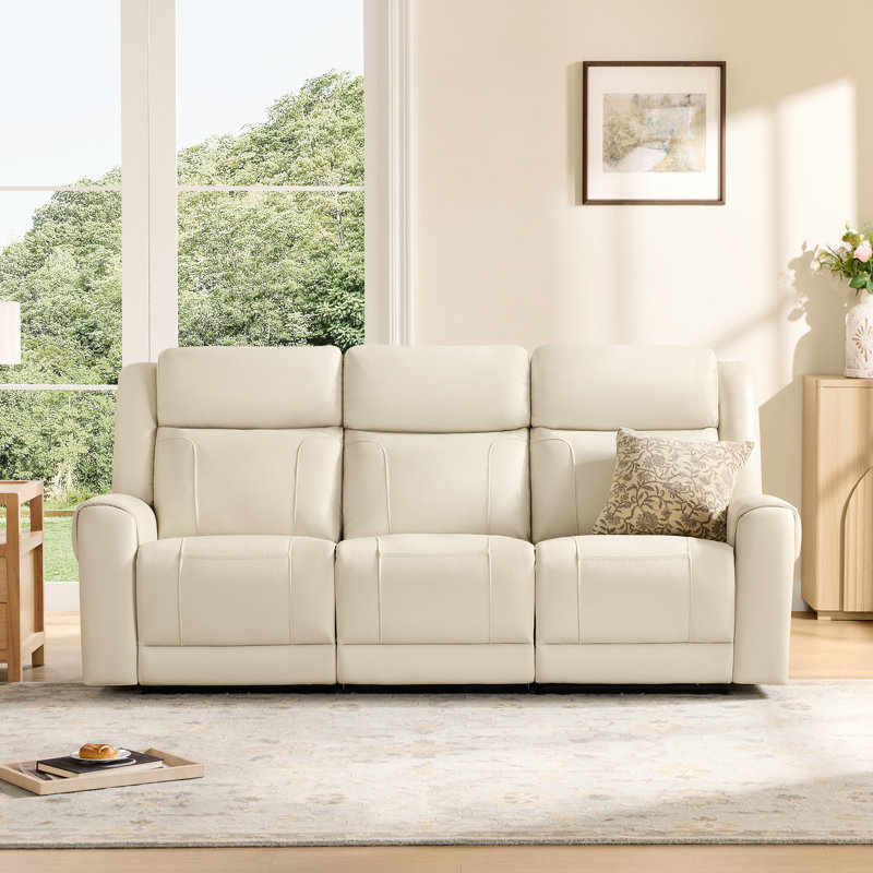 3-Seat Dual Motor Genuine Leather zero clearence recliner Power Recliner Sofa With Power Headrest, Cream