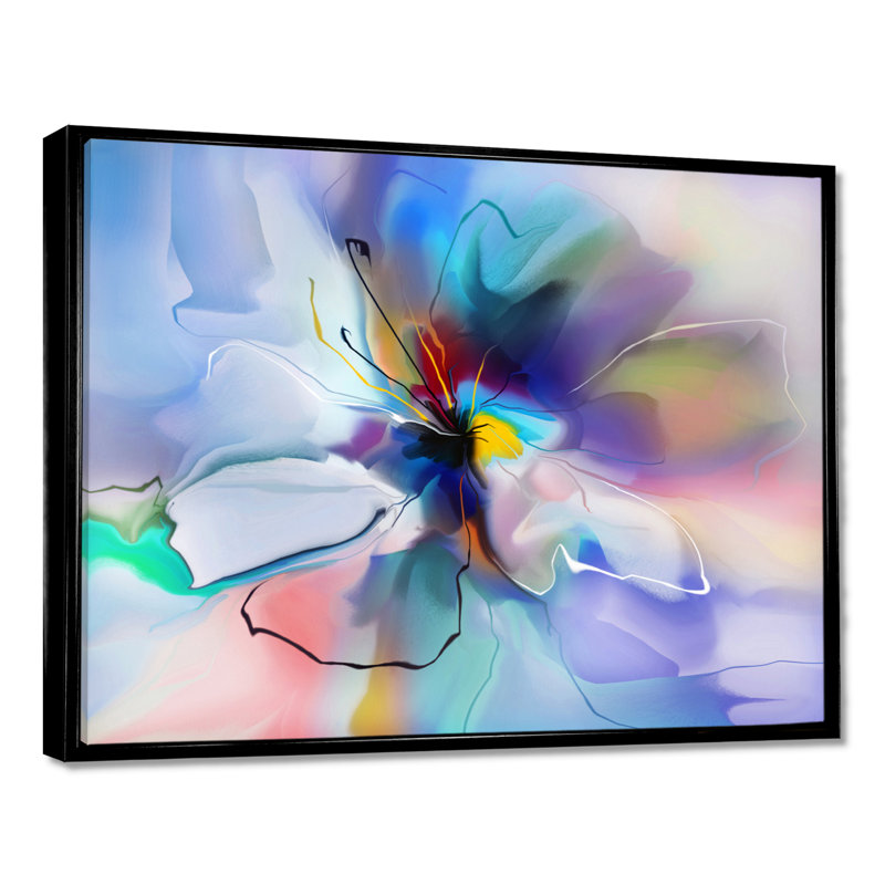 Fleur abstraite, création et impression bleue, Cadre flottant noir, H 24 po x l 32 po