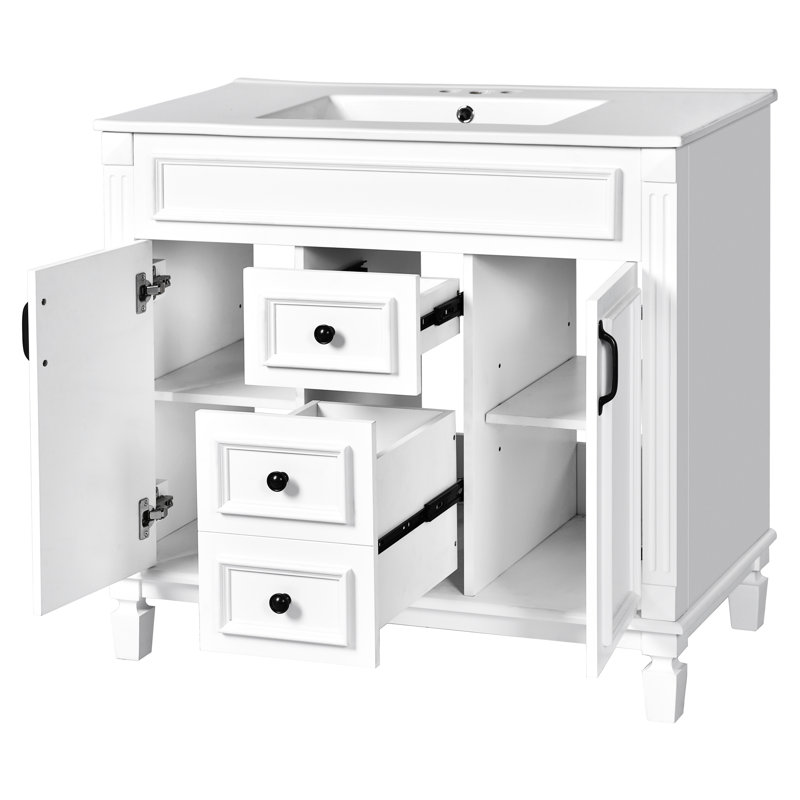 Meuble-lavabo blanc 36 po avec lavabo - armoire moderne 2 portes et tiroirs à fermeture douce Meuble de rangement en céramique spacieux et élégant