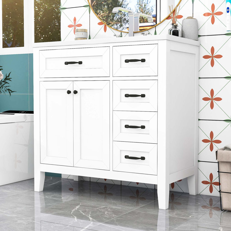 Freestanding Bathroom Vanity with Ceramic Sink, Storage Cabinet and 3 Drawers, White/Black