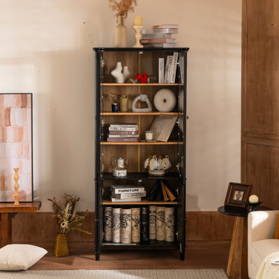 74.14''H Vintage Mid - Century Modern Display Cabinet With Double Tempered Glass Doors, Adjustable Shelves, Metal Handles And Damping Hinges For Study Home Storage Kitchen Decor