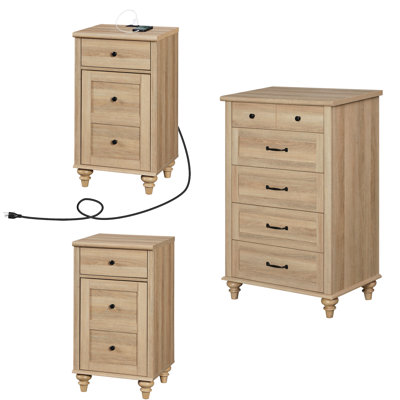 3 Piece Bedroom Set - Includes Mid Century 5 Drawer Dresser, Set Of 2 Bedside Tables With Charging Station, 3 Piece Dresser And Nightstand Sets, Oak by August Grove