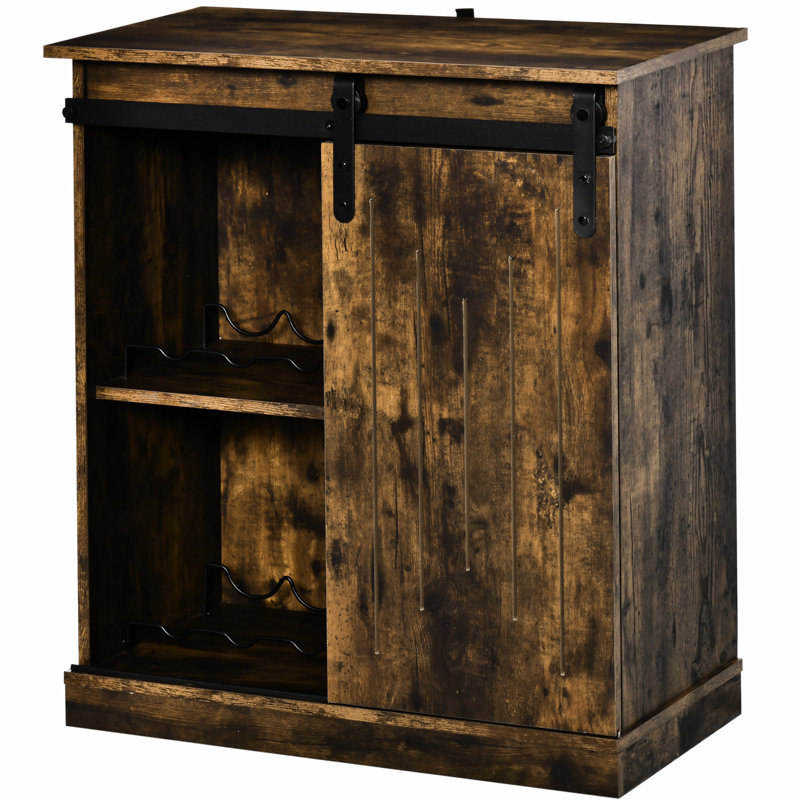 Armoire à vin de style industriel en brun - capacité 6, buffet avec porte de grange coulissante pour rangement de bureau à domicile, plateau spacieux et ustensiles