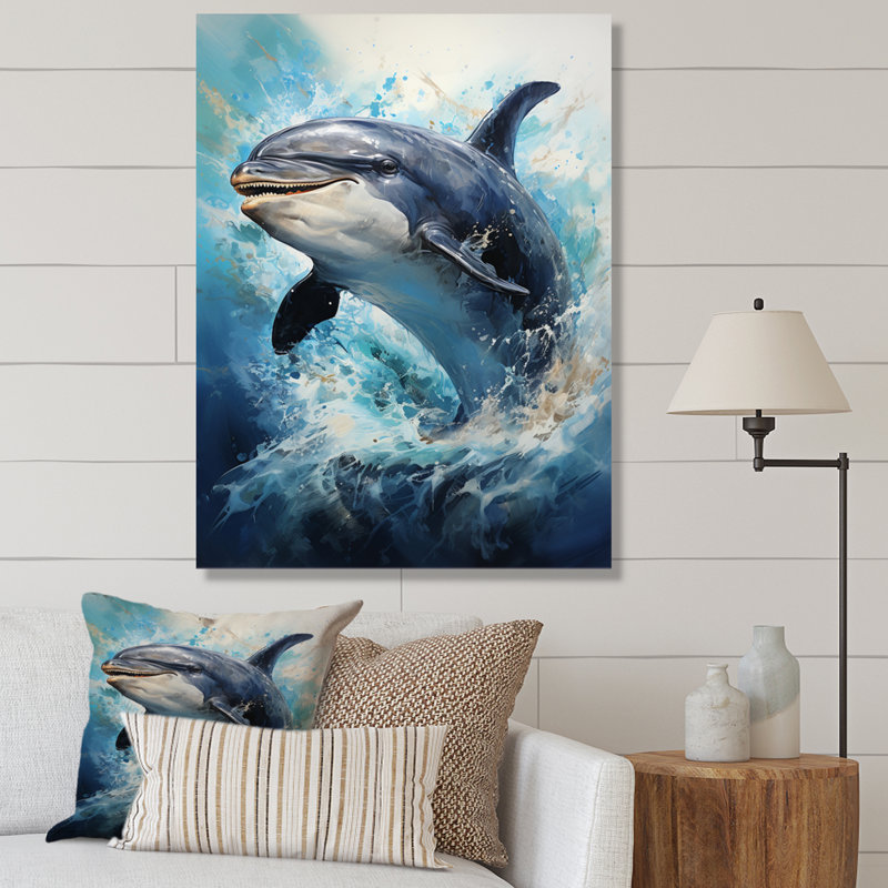 Heslop " Animal Indigo Dolphin Drips ", 32" H x 24" W x 1" D, Wrapped Canvas