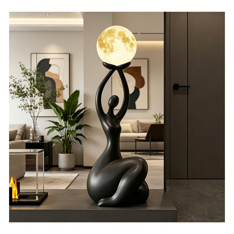 Lampe sur pied moderne en résine abstraite avec lumière de lune, Black