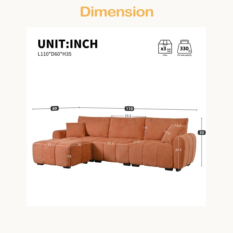 Canapé modulaire de 110 po, en forme de L avec siège très grand, conception à tirette, repose-pieds mobile, mousse haute densité, combinaison libre