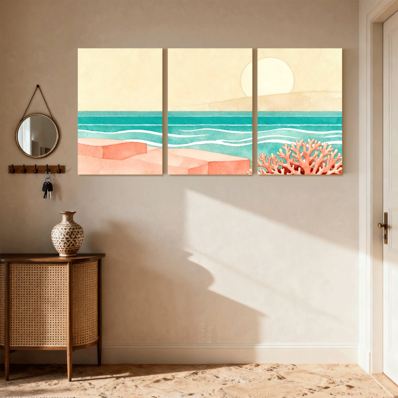 Nautique et plage, coucher de soleil, corail, eau, reflet, ensemble de 3 impressions d'art sur toile, H 18 po x l 36 po