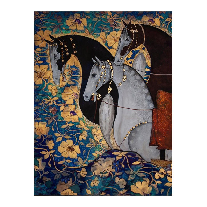 Tapis décoratif moderne à motif floral avec motif de trois chevaux nobles, Tapis de couloir 3 pi 3 po x 9 pi 10 po
