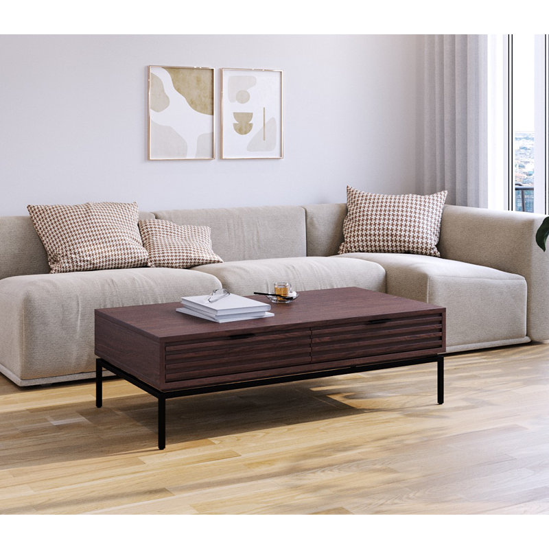 Table basse contemporaine contemporaine à grain de bois brun avec 2 tiroirs