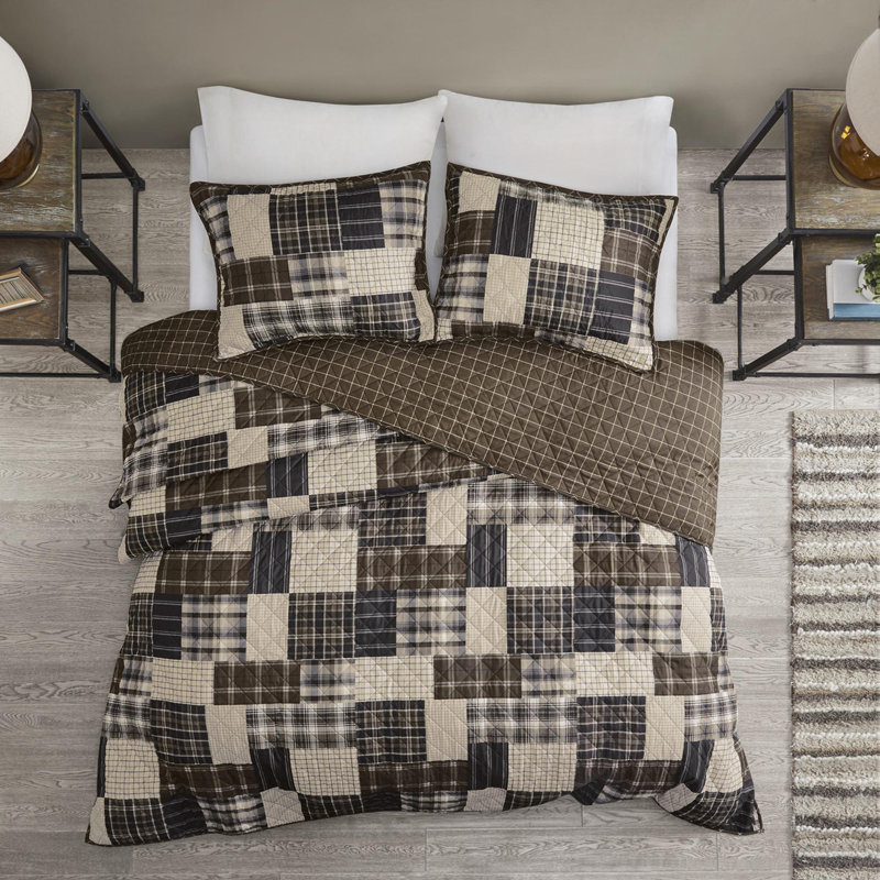 Ensemble de courtepointe en microfibre 3 pièces, Noir / brun, Couvre-lit double et 2 taies décoratives standard