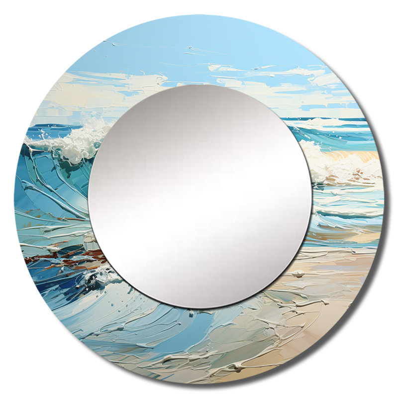 Bleu et blanc Simplicity Beach I - miroir mural unique Waves, miroir rond bleu, impression d'art en métal, 23 po x 23 po