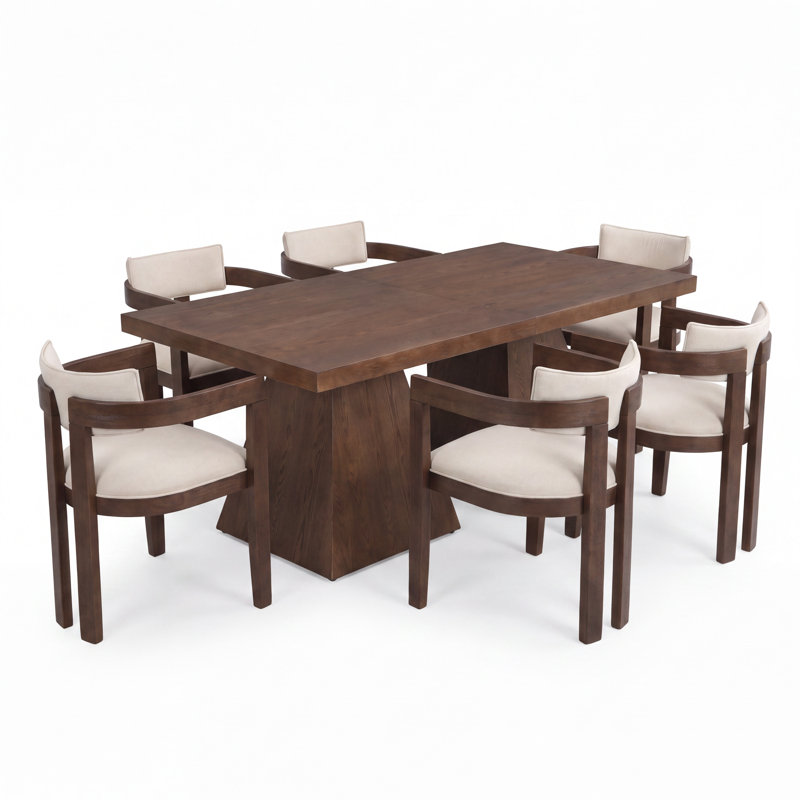 Lyddia 6-Person Contemporary Dining Set with Upholstered Rubberwood Armchair & Geometric Ash Veneer Table for Dining Room