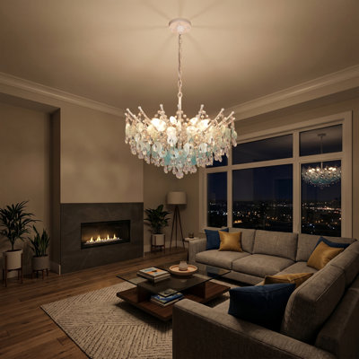 Blue Shell Crystal Chandelier White Metal Frame 8 Light Pendant Ceiling Light
