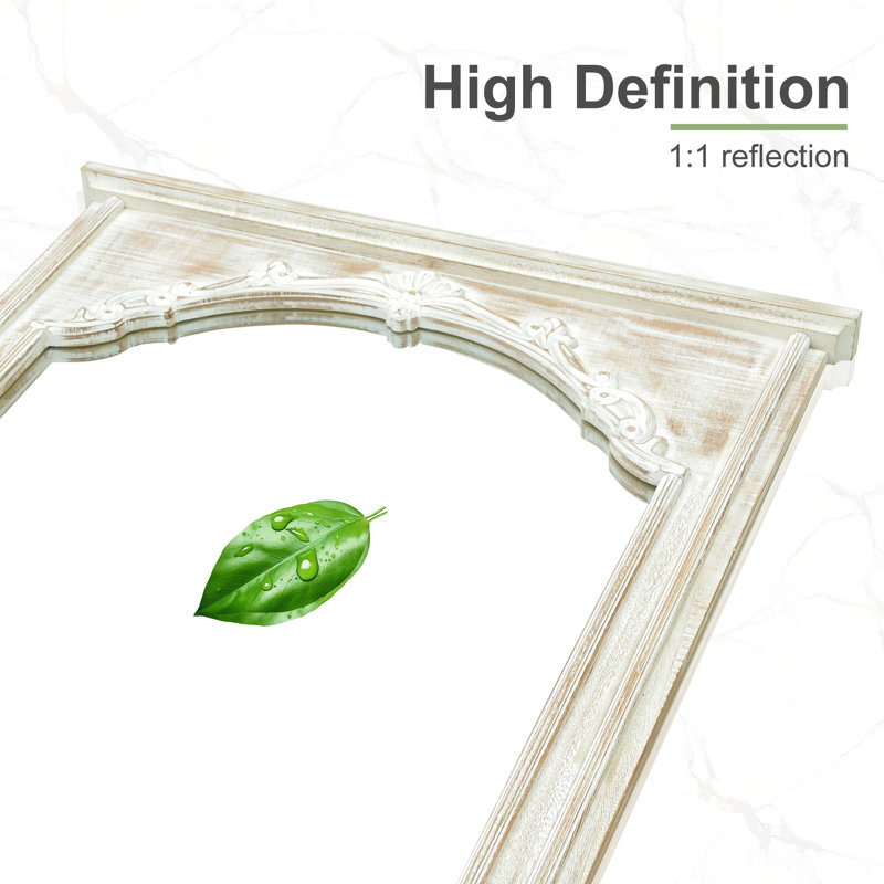 Rectangle Wood Full Length Mirror Wall Mirror with Inner Arch Carved Frame, Weathered White