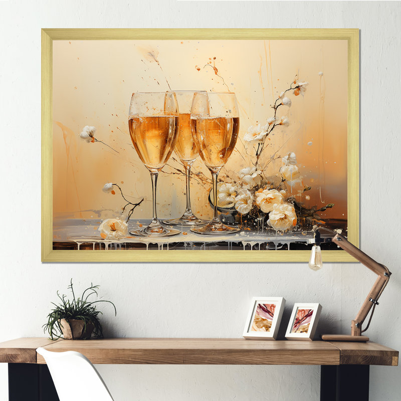 French Champagnes Cheers II - Imprimé, Cadre doré simple, H 12 po x l 20 po x P 1 po