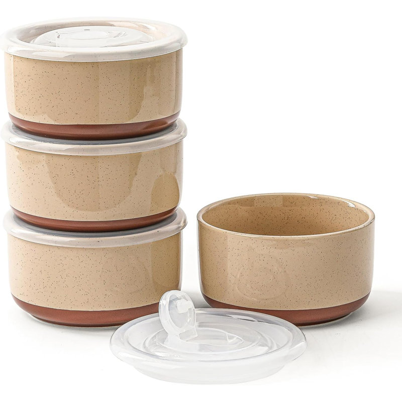 Ensemble de 4 bols en céramique avec couvercles de soupe 20 oz allant au micro-ondes beige