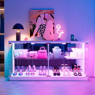 Vitrine en verre de 119 cm de large avec éclairage RVB par capteur, meuble télé avec panneau arrière miroir