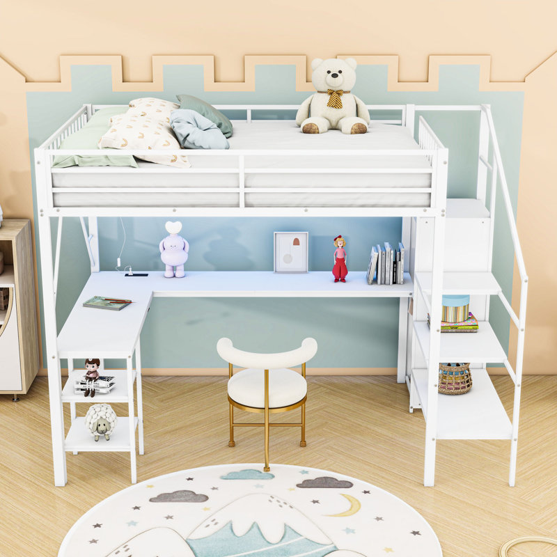 Lit mezzanine double en métal avec lumière DEL, bureau, station de charge, garde-robe et ports USB