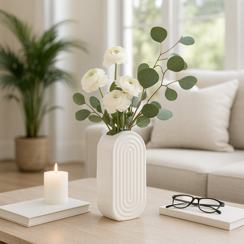 Decorative Textured Ceramic Table Vase for Living Room Accent - Modern Oval Flower Vase for Office Display and Home Decor