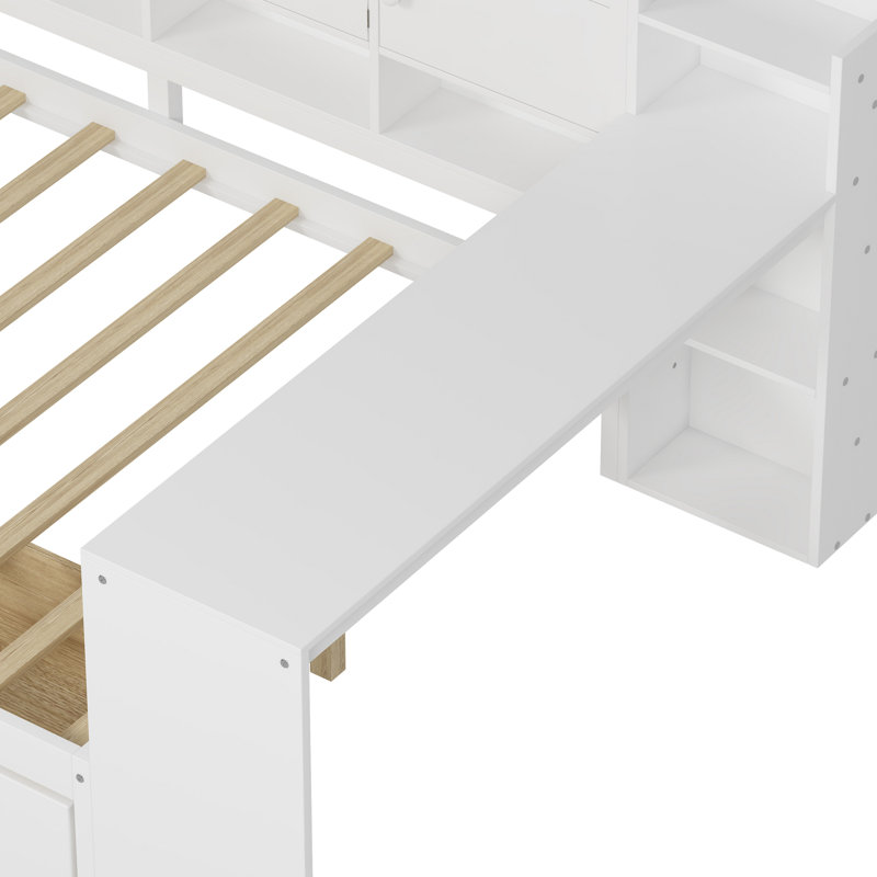 Wooden L-Shape Daybed With Seven Storage Cabinets And Two Storage Drawers, Multi-Functional Bed With Study Desk And Built-In Bookshelf