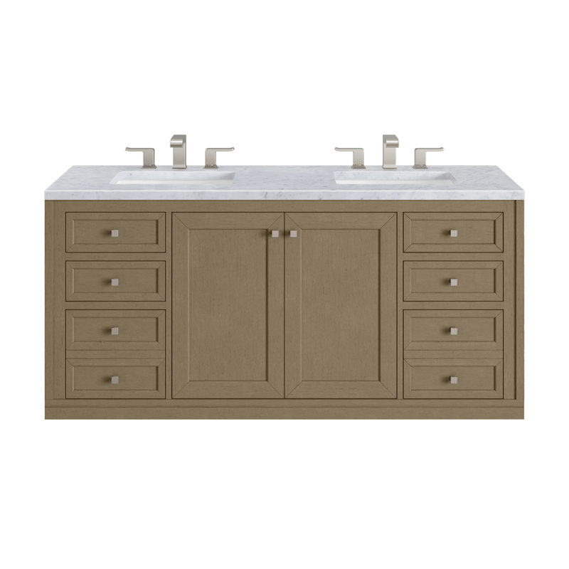 Chicago 60'' W Double Vanity, Walnut Whisper, Carrara White, 8" Widespread