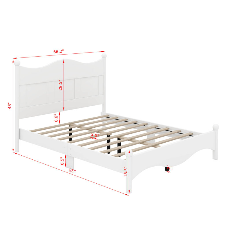 Grand lit plateforme en bois au design élégant avec support en lattes de bois, Blanc