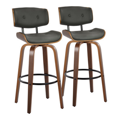 30" Mid-Century Modern Fixed-Height Barstool With Swivel In Walnut Wood And Grey Faux Leather With Round Black Metal Footrest By  - Set Of 2