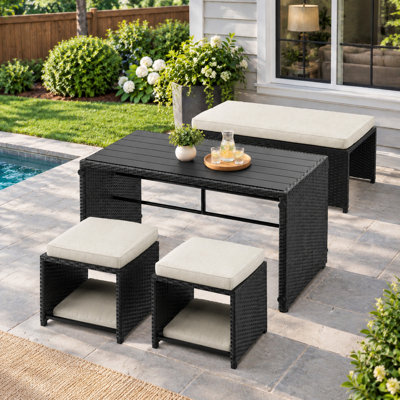 Outdoor Loveseat with 2 Ottomans, 4‑Piece Modular PE Wicker Patio Conversation Set, Weather‑Resistant Thick Cushions, Rattan Sofa Furniture for Balcony Garden Backyard Deck, Beige