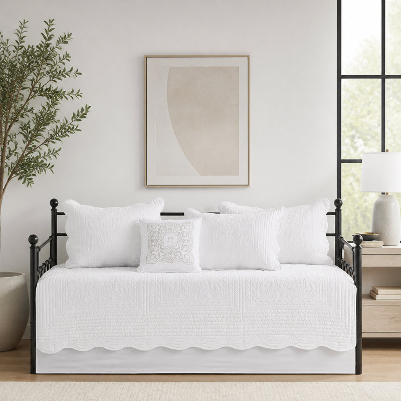 Ensemble de housse de lit de jour réversible matelassé 6 pièces avec taies et oreiller, Blanc