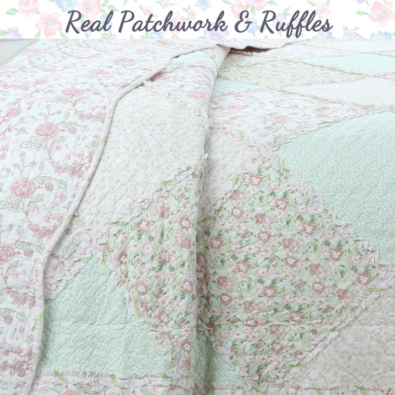 Twin Pink Cotton Floral Patchwork Reversible Quilt Set