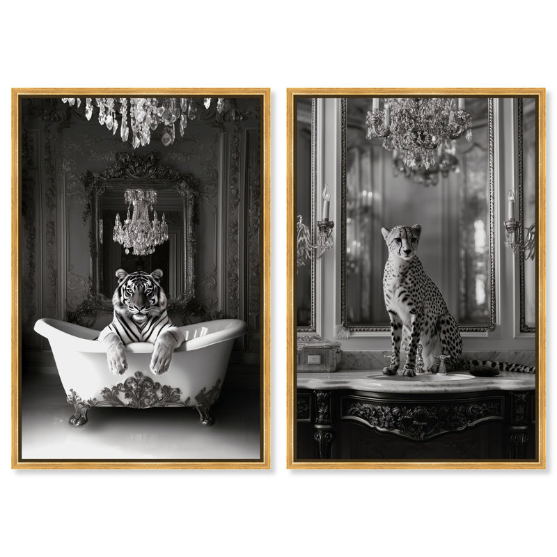 «Animal Bathroom Ornate Set», reproduction d'art sur toile par Art Remedy, H 54 po x l 36 po, Encadrement argenté