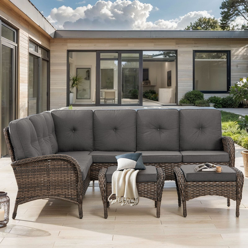 Ensemble de canapé modulaire d'extérieur en forme de L avec repose-pieds en osier pour patio et jardin Valierius, Gris