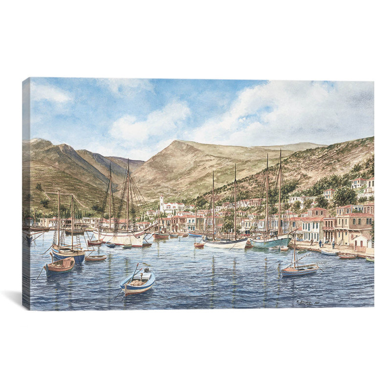 «Greek Seaport Town» par Stanton Manolakas, reproduction d'art sur toile, H 12 po x l 18 po x P 1,5 po, Toile tendue