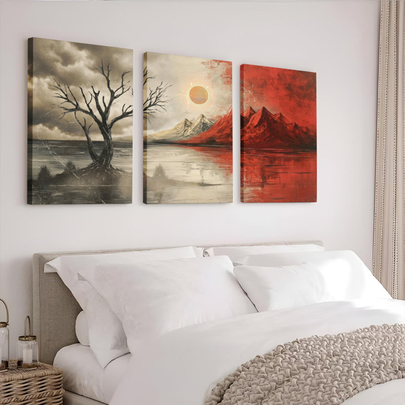 Ensemble de 3 tableaux sur toile tendue représentant un coucher de soleil sur une montagne et un arbre du désert, 2436