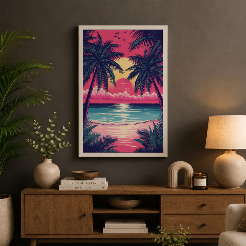 Tropical Sunset Coastal - Wrapped Canvas, 24x16 - 61.0 x 40.6 cm, Cream Border