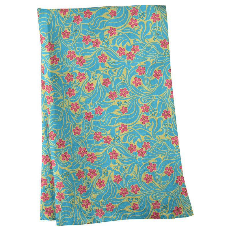 Serviette de thé à motif floral tourbillony, Sergé de coton, Aigue-marine / rose