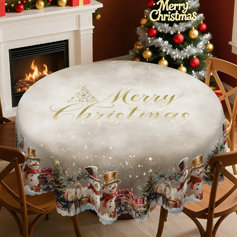 Grayish-White Washable Christmas Snowman Pattern Polyester Tablecloth