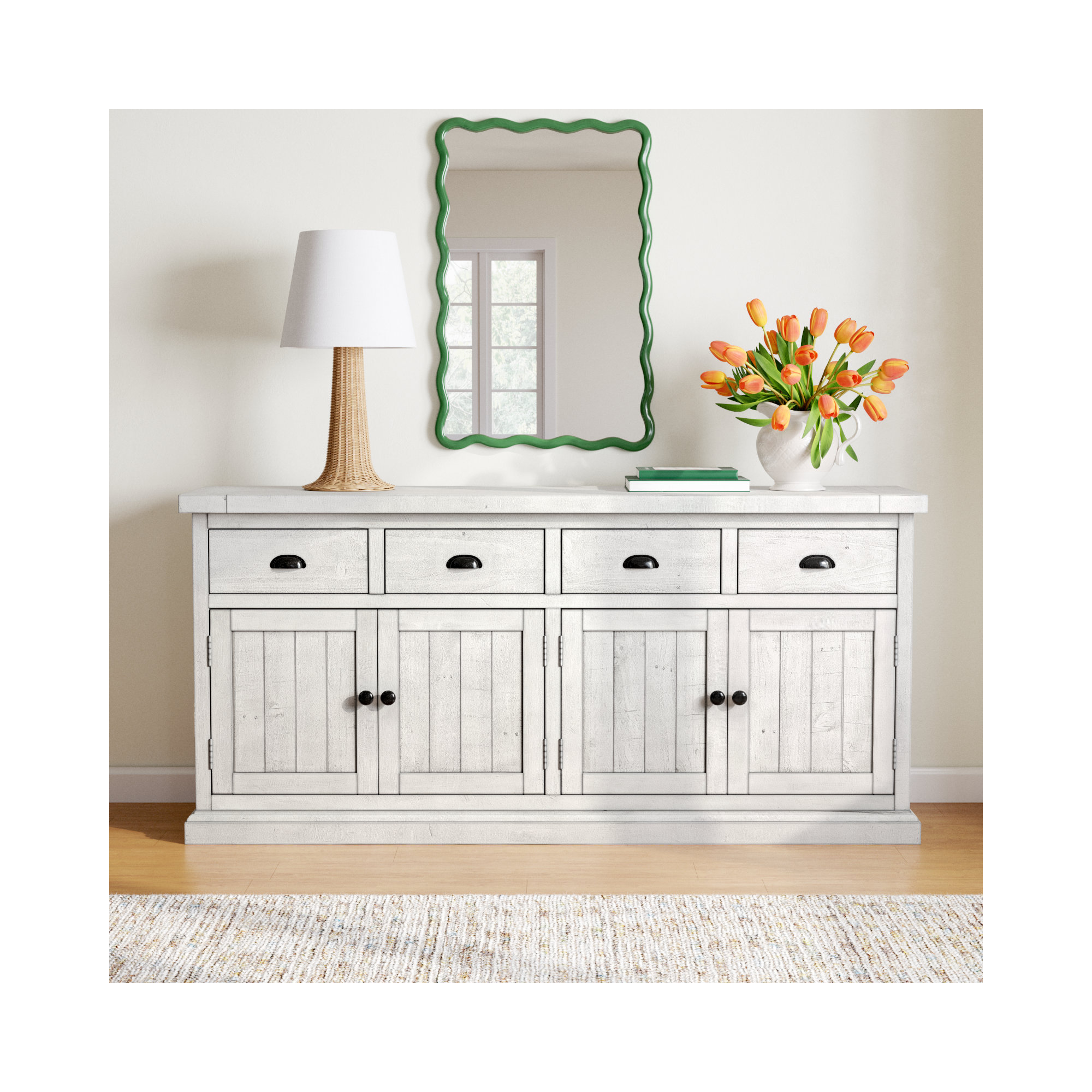 Kinston 74" Wide Solid Wood Sideboard, Distressed Ivory
