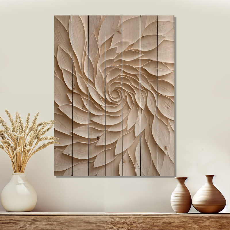 White And Cream Floral Spiral - Botanicals Wood Wall Art On Natural Pine Wood, 40" H x 30" W x 0.78" D