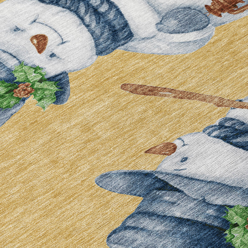 Machine Washable Indoor/Outdoor Christmas Snowman Xhevrie Gold Rug, Round 8'