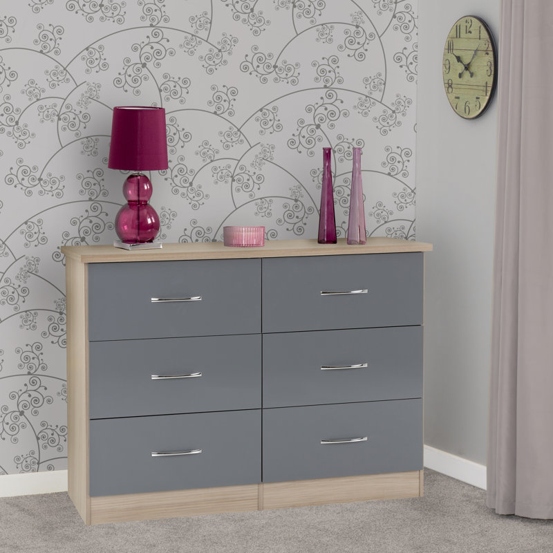 Kosie 6 Drawer Chest, Grey Gloss/Light Oak Effect Veneer