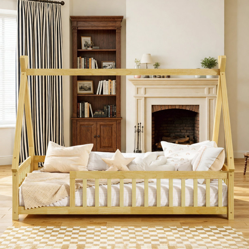 Twin Tent-shaped Floor Bed with Guardrails,Slats, Natural, Twin