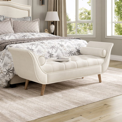 Banc rembourré en velours, banc de bout de lit avec 2 coussins, repose-pieds capitonné capitonné, repose-pieds à accoudoirs roulés, repose-pieds avec pieds en bois massif, pour vestibule, salon, salle à manger